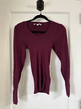 LOFT Ribbed Long-Sleeve Sweater in Deep Burgundy